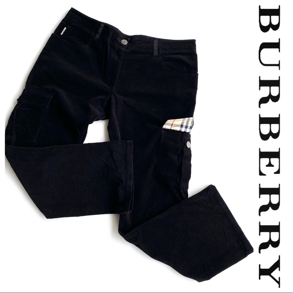 Burberry Black Boot Cut Corduroy Pants with Iconic Check Detail